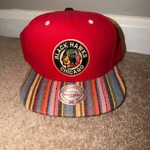 Mitchell and Ness Chicago Blackhawks Red Snapback with Multicolor Striped Brim